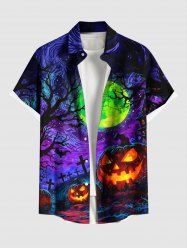 Plus Size Pumpkin Cross Tree Moon Galaxy Print Halloween Button Pocket Shirt For Men -  