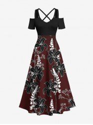 Robe longue hawaïenne grande taille à imprimé branches de fleurs et épaules dénudées, coupe trapèze croisée - Rouge Vineux XXS