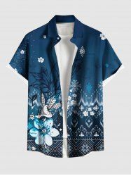 Chemise hawaïenne grande taille à imprimé ethnique et fleurs d'hibiscus et poches boutonnées pour homme - Bleu S