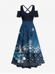 Robe longue trapèze à épaules dénudées et imprimé graphique ethnique à fleurs d'hibiscus grande taille - Bleu 6X