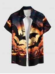 Plus Size Pumpkin Lantern Bat Glitter Moon Print Halloween Button Pocket Shirt For Men -  