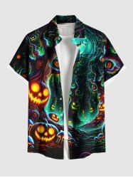 Chemise grande taille à imprimé citrouille, lanterne, arbre, grotte, boutonnée, poche, pour homme - Noir 4XL