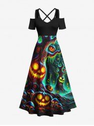 Plus Size Pumpkin Lantern Tree Cave Print Halloween Cold Shoulder Crisscross A Line Maxi Dress -  