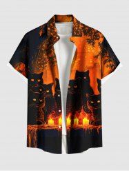 Plus Size Candle Cat Tree Print Halloween Button Pocket Shirt For Men -  