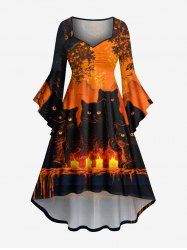Plus Size Cat Candle Tree Print Halloween Ruched High Low Asymmetric Dress -  