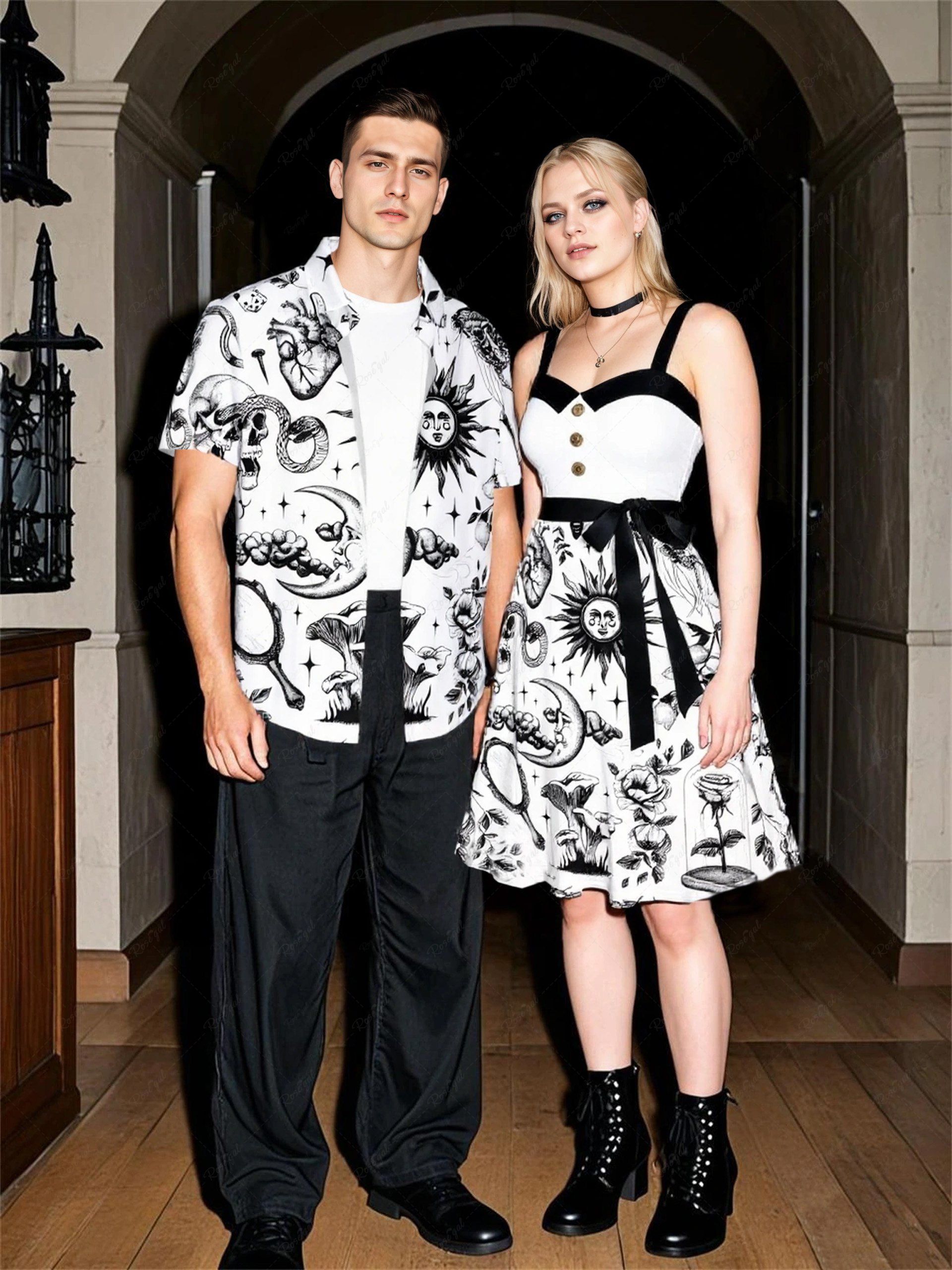 Tenue assortie grande taille pour couple, motif Halloween, soleil, lune, nuage, fleur, champignon, crâne, serpent Blanc 