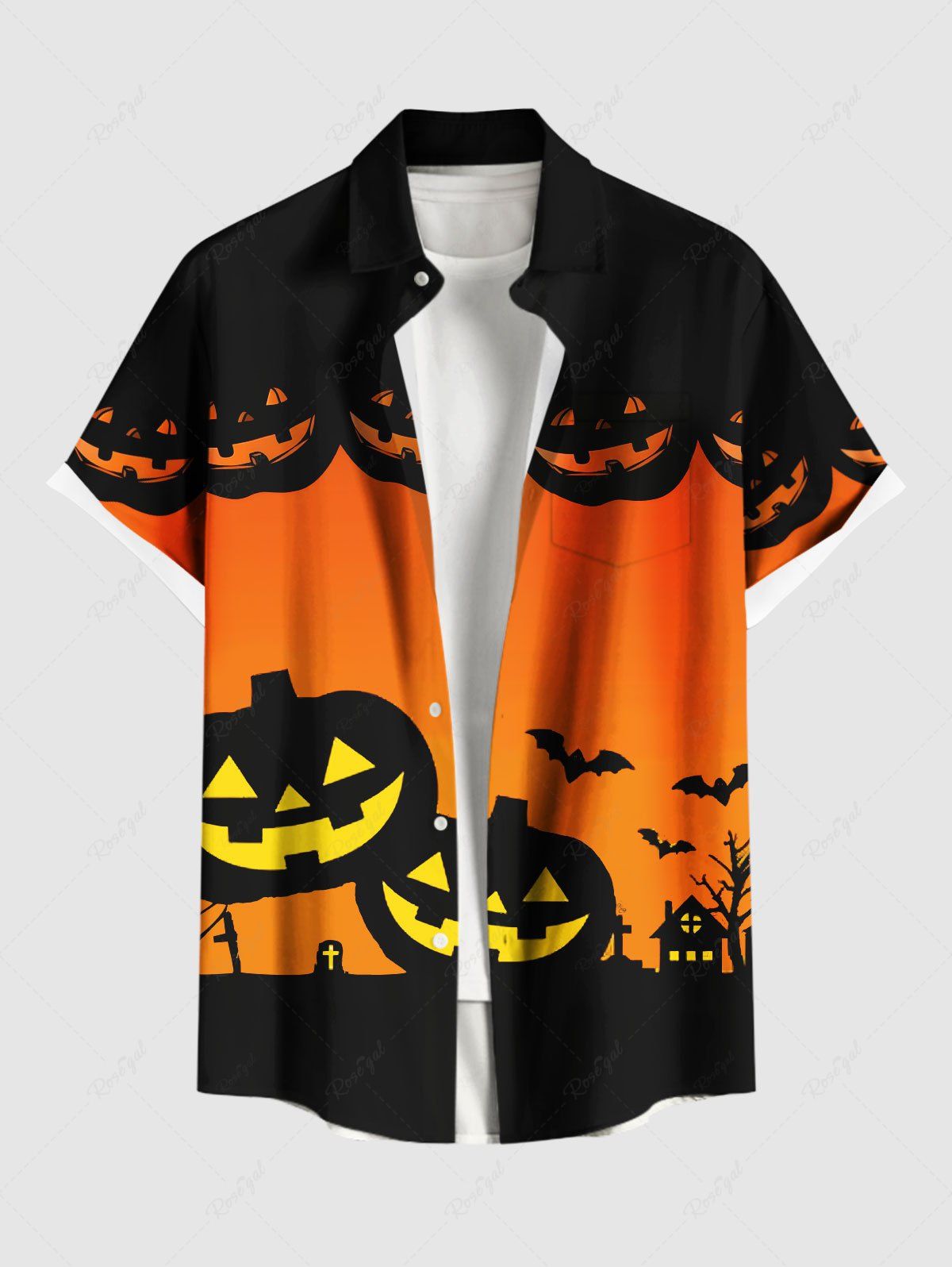 Chemise grande taille à boutons et poches pour homme, motif citrouille d'Halloween, chauve-souris, croix, colorblock Orange 5XL