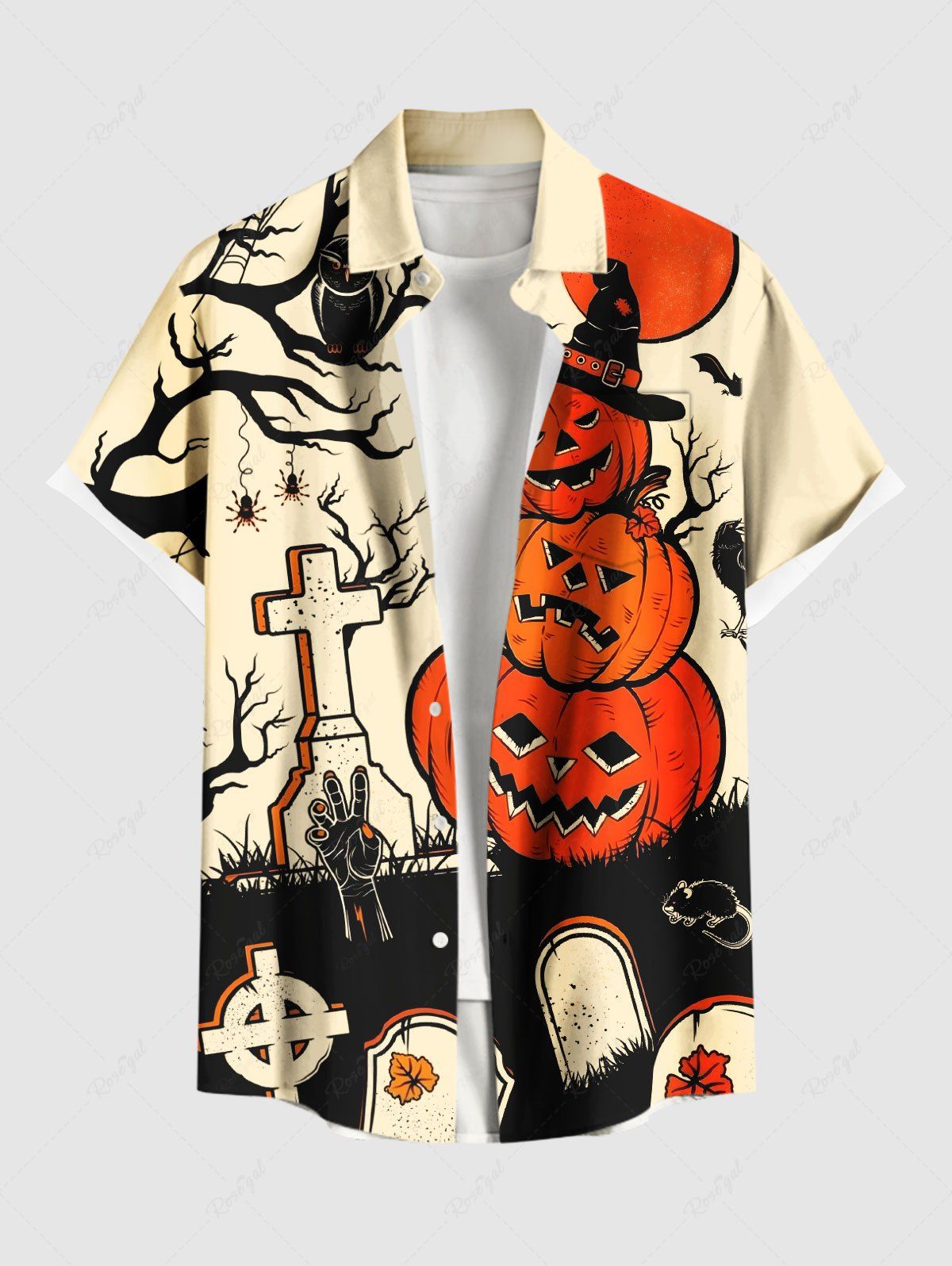 Chemise à boutons et poches pour homme, costume d'Halloween grande taille, imprimé citrouille, croix, hibou, arbre, pierre tombale Orange 2XL