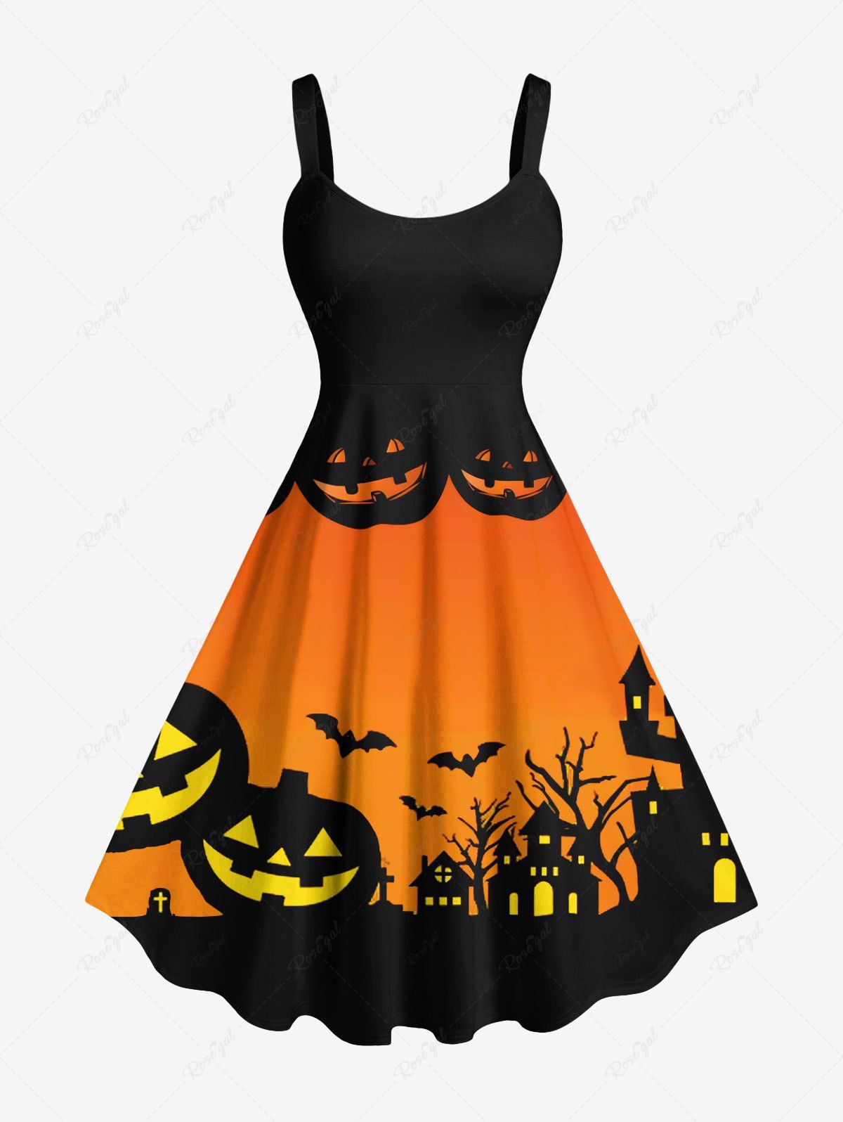 Outfits Plus Size Halloween Pumpkin Bat Cross Colorblock Print Tank Dress  