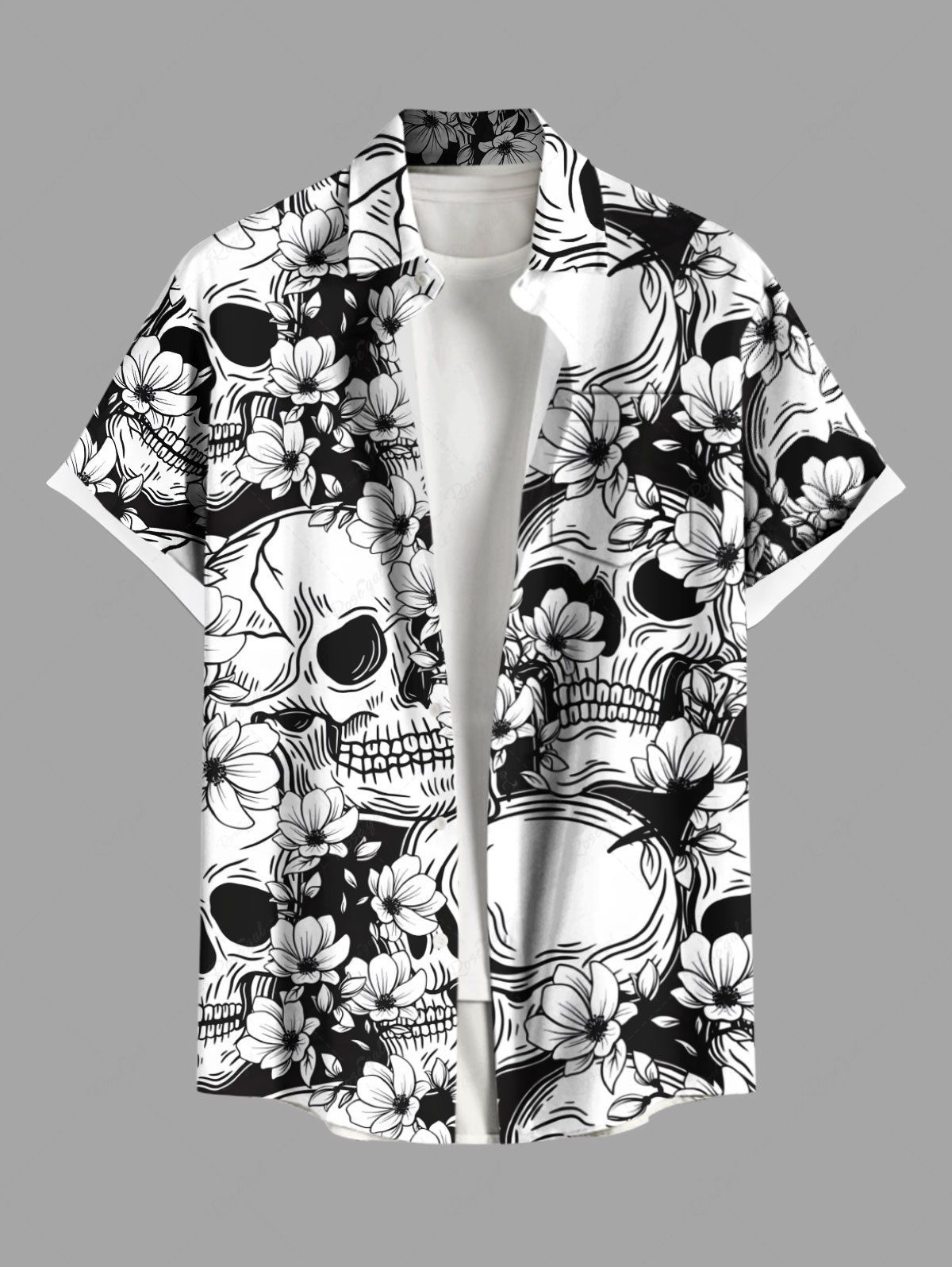 Chemise grande taille à boutons et poches pour homme, motif tête de mort et fleurs d'Halloween Noir S