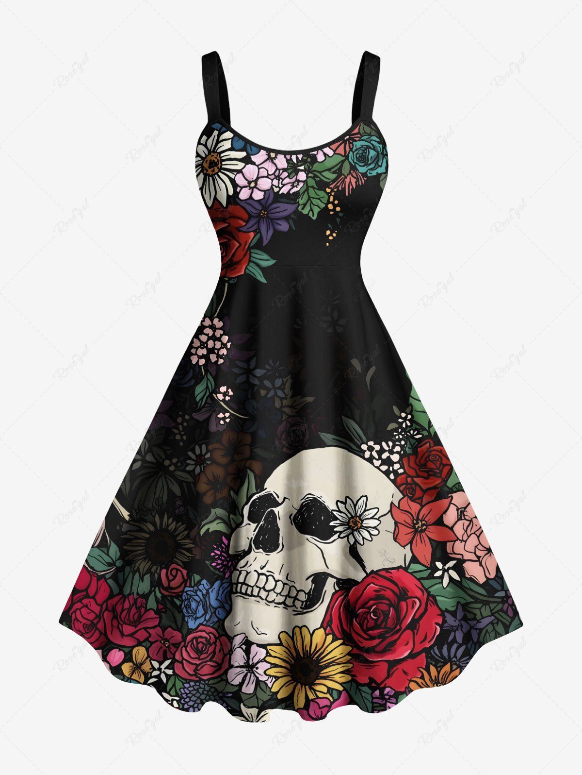 Robe débardeur grande taille à imprimé tête de mort, fleurs et feuilles pour Halloween Noir XXS