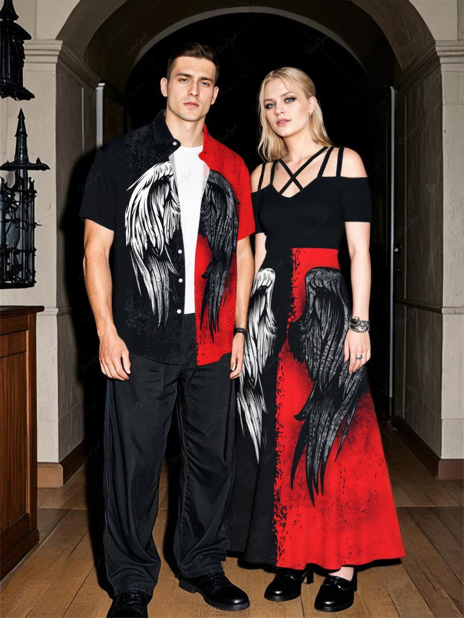Sale Halloween Costume Wings Ink Painting Colorblock Print Plus Size Matching Set For Couples  