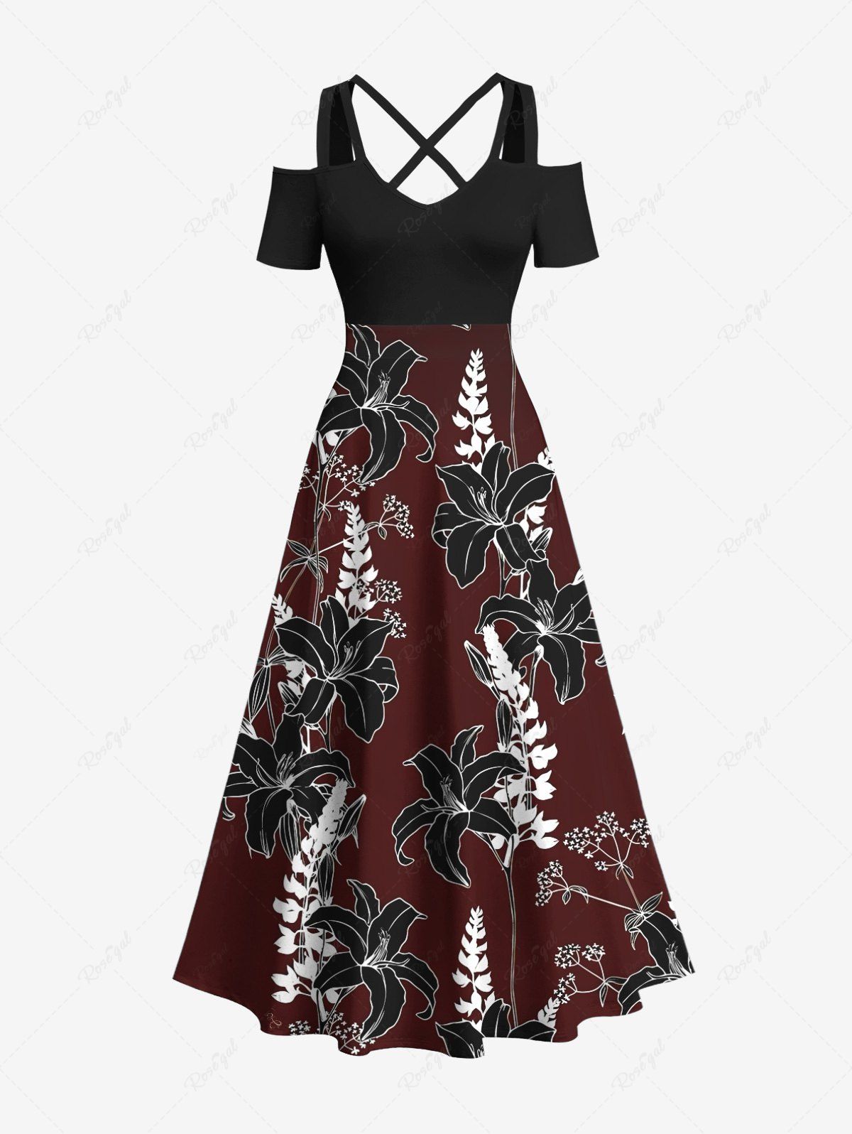 Robe longue hawaïenne grande taille à imprimé branches de fleurs et épaules dénudées, coupe trapèze croisée Rouge Vineux XXS