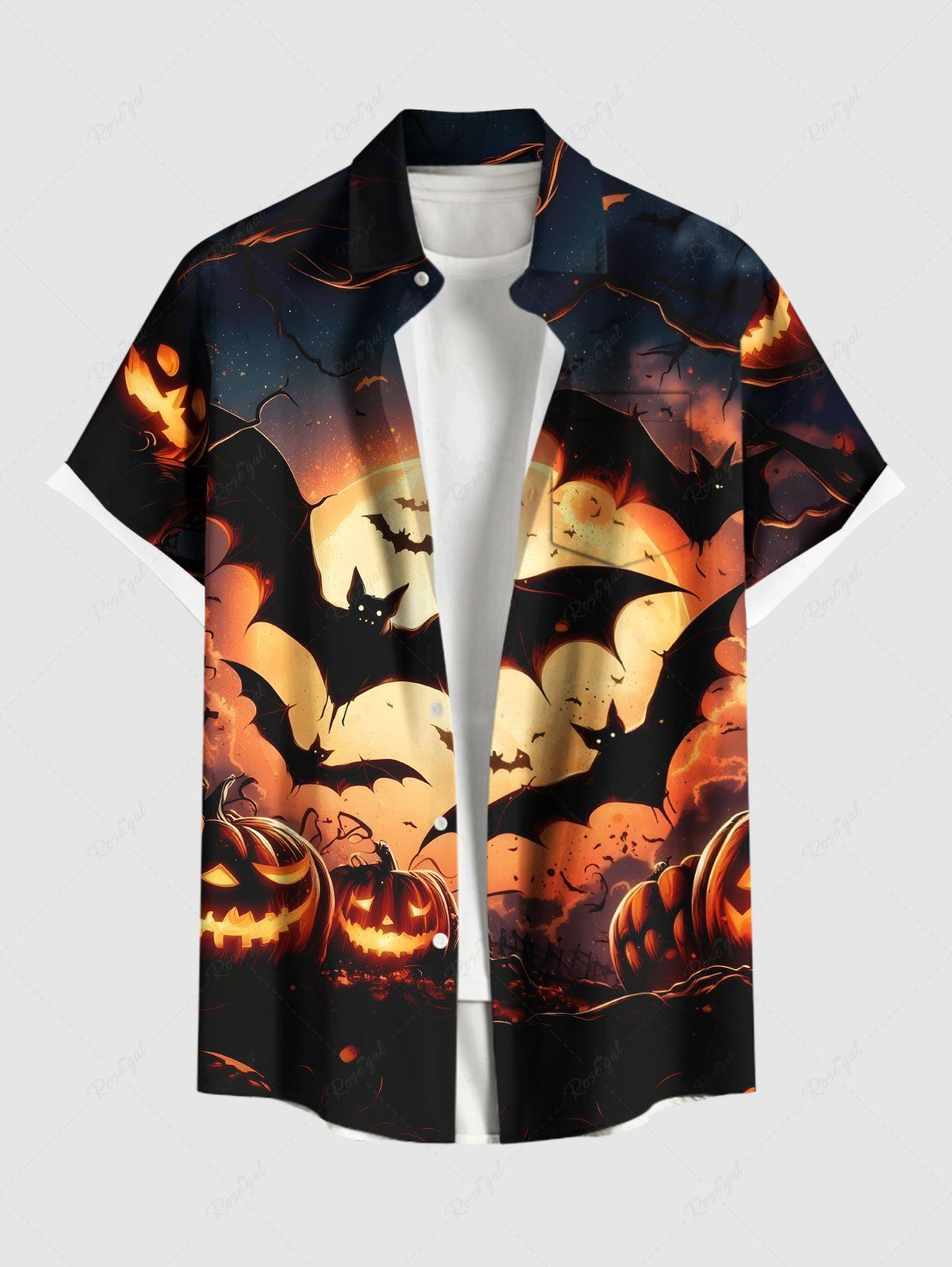Chemise grande taille à imprimé citrouille, lanterne, chauve-souris, lune scintillante, boutonnée, pour homme, Halloween Noir 4XL