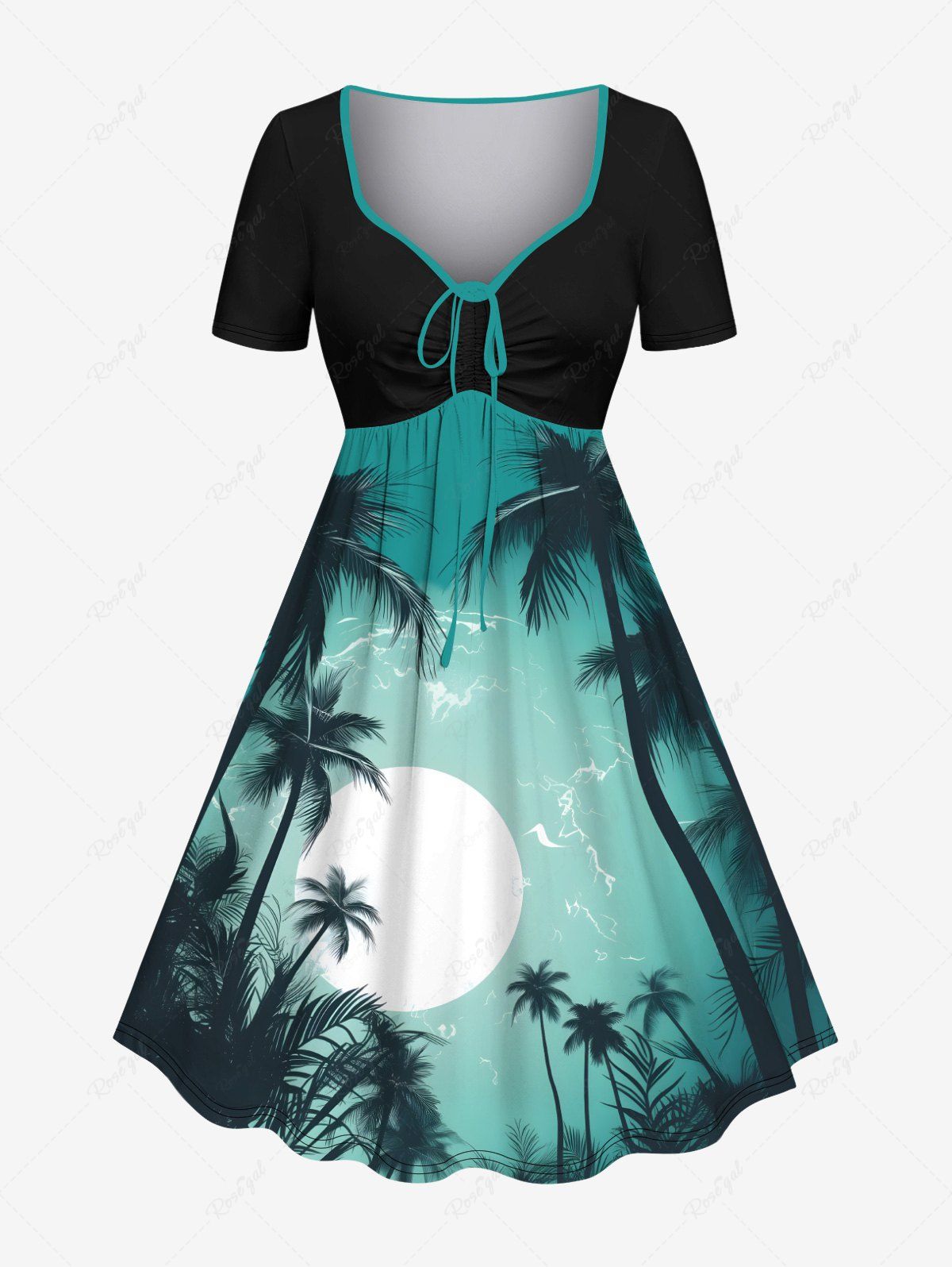Robe trapèze cintrée grande taille à imprimé cocotiers, mer et lune, style hawaïen ombré Vert XXS