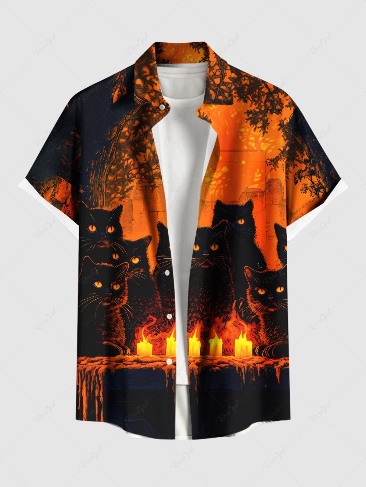 Chemise grande taille à imprimé bougie et arbre à chat pour homme, avec poches boutonnées et imprimé Halloween Orange 2XL