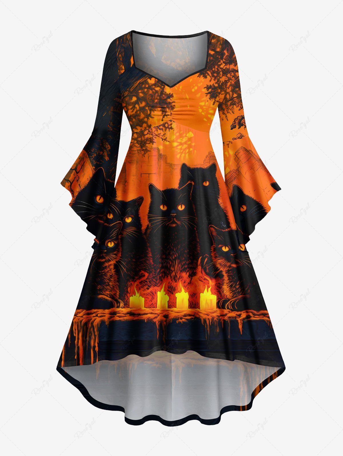 Latest Plus Size Cat Candle Tree Print Halloween Ruched High Low Asymmetric Dress  