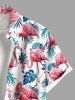 Plus Size Flamingo Tropical Leaf Print Buttons Pocket Hawaii Shirt For Men -  