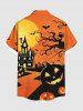 Plus Size Halloween Pumpkin Moon Bat Owl CrossTree Print Buttons Pocket Shirt For Men -  
