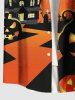 Plus Size Halloween Pumpkin Moon Bat Owl CrossTree Print Buttons Pocket Shirt For Men -  
