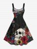 Robe débardeur grande taille à imprimé tête de mort, fleurs et feuilles pour Halloween - Noir XXS