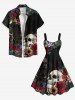 Plus Size Halloween Skulls Flowers Leaf Print Tank Dress -  