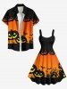 Plus Size Halloween Pumpkin Bat Cross Colorblock Print Tank Dress -  