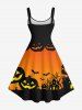 Plus Size Halloween Pumpkin Bat Cross Colorblock Print Tank Dress -  