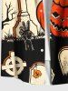 Plus Size Halloween Costume Pumpkin Cross Owl Tree Tombstone Print Buttons Pocket Shirt For Men -  