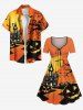 Plus Size Halloween Pumpkin Moon Bat Owl CrossTree Print Cinched Dress -  