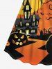 Plus Size Halloween Pumpkin Moon Bat Owl CrossTree Print Cinched Dress -  