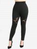 Plus Size Skull Mesh Flocking Patchwork Pentagram Decor Pockets Skinny Leggings -  