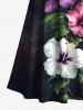 Robe longue hawaïenne grande taille à imprimé feuilles tropicales et fleurs d'hibiscus, épaules dénudées, croisée, coupe trapèze - Pourpre  2X