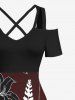 Robe longue hawaïenne grande taille à imprimé branches de fleurs et épaules dénudées, coupe trapèze croisée - Rouge Vineux 6X