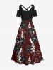 Robe longue hawaïenne grande taille à imprimé branches de fleurs et épaules dénudées, coupe trapèze croisée - Rouge Vineux 6X