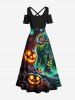 Plus Size Pumpkin Lantern Tree Cave Print Halloween Cold Shoulder Crisscross A Line Maxi Dress -  