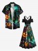 Robe longue trapèze croisée à épaules dénudées et imprimé citrouille lanterne arbre grotte grande taille pour Halloween - Noir L