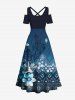 Robe longue trapèze à épaules dénudées et imprimé graphique ethnique à fleurs d'hibiscus grande taille - Bleu XXS