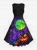 Plus Size Pumpkin Cross Tree Moon Galaxy Print Halloween 1950s Vintage Swing A Line Dress -  