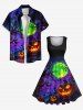 Plus Size Pumpkin Cross Tree Moon Galaxy Print Halloween 1950s Vintage Swing A Line Dress -  