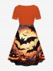Plus Size Pumpkin Lantern Bat Glitter Moon Print Halloween Cinched A Line Dress -  