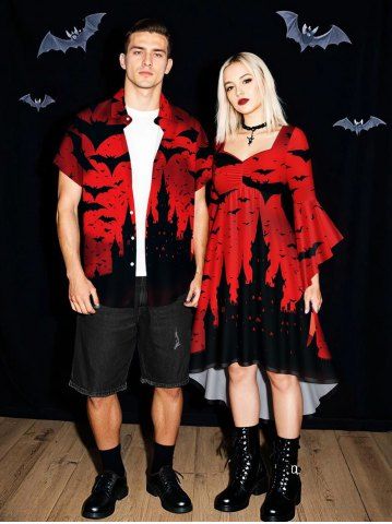 Halloween Ombre Bat Castle Print Plus Size Matching Outfit For Couples - RED