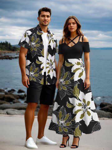Two Tone Flower Print Plus Size Matching Hawaii Beach Outfit For Couples - BLACK