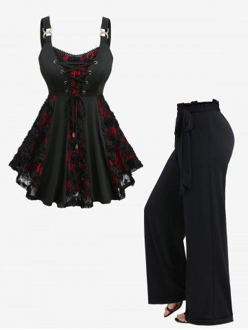 Lace-up Rose Lace Jacquard Tank Top and Solid Color Waist Ruffles Wide Leg Pants With Tie Belt Plus Size Outfit - BLACK