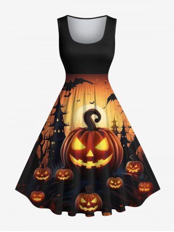Plus Size Halloween Pumpkin Lantern Bat Moon Castle Print 1950s Vintage Dress - BLACK - XXS
