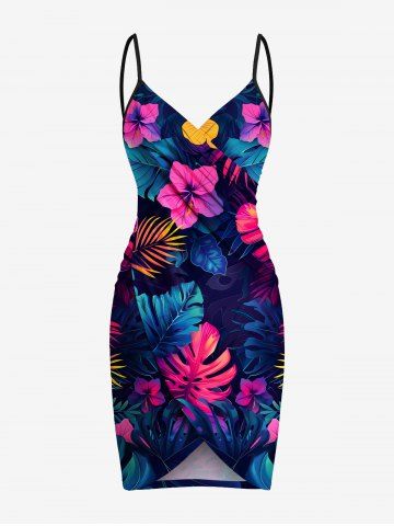 Plus Size Hibiscus Flowers Tropical Leaf Print Convertible Hawaii Beach Cover - DEEP BLUE - 3X