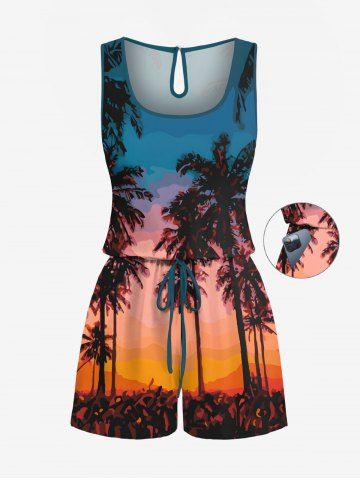 Plus Size Coconut Tree Ombre Sky Oil Painting Print Cinched Hawaii Romper - RED - XXS