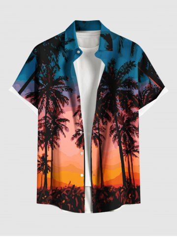 Plus Size Coconut Tree Ombre Sky Oil Painting Print Buttons Pocket Hawaii Shirt For Men - ORANGE - 4XL
