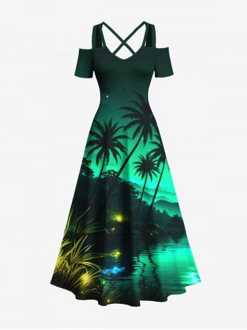Plus Size Coconut Tree Mountain Ombre River Glitter 3D Print Cold Shoulder Crisscross Hawaii Maxi Dress - BLACK - 3X