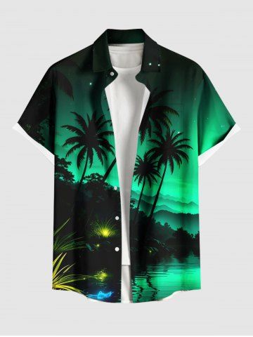 Plus Size Coconut Tree Mountain Ombre River Glitter 3D Print Buttons Pocket Hawaii Shirt For Men - BLACK - 3XL